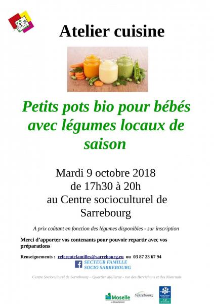 Affiche atelier cuisine petits pots bio 9 octobre 2018 centre socioculturel sarrebourg