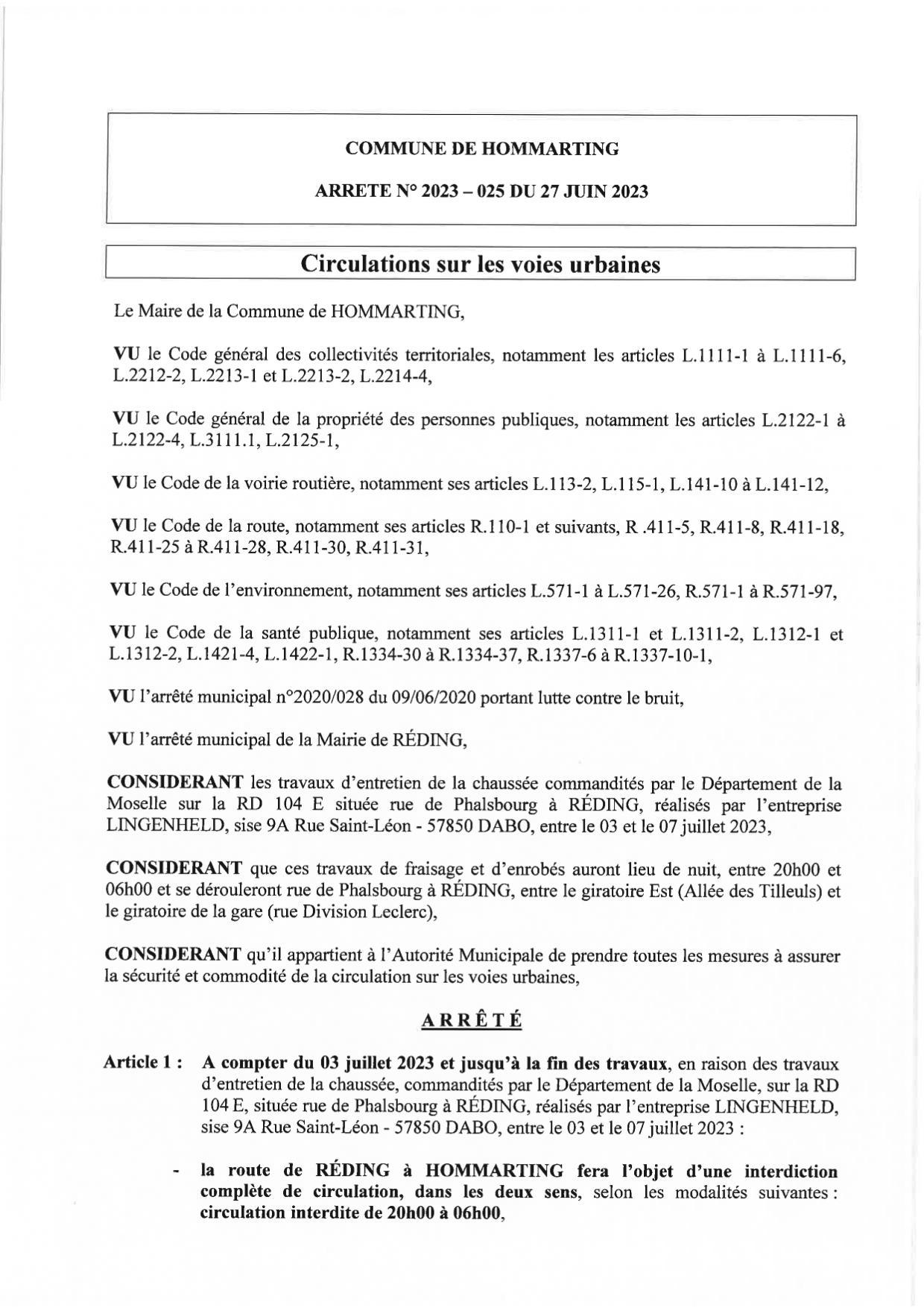 Arrete circulation route de reding a compter du 03 07 20231